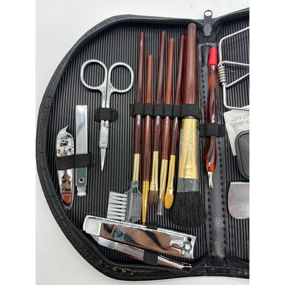 HANRO Deluxe Travel Grooming Black Kit Manicure Makeup Brushes LED Mirror - Picture 2 of 8